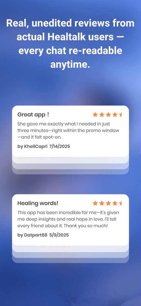 HealTalk - Text Reading - HealTalk app interface displaying positive user reviews and testimonials on a blue background.