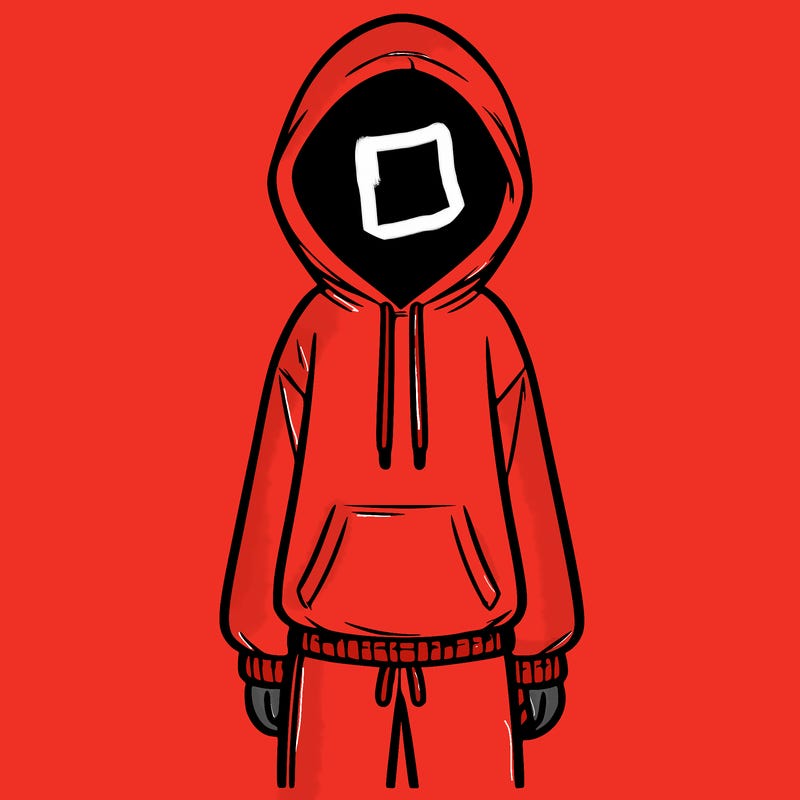 faceless girl in a tracksuit with a hood on and no hair