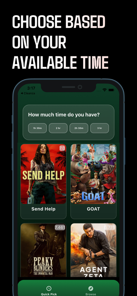 Pobreflix : Movies & Tv Shows - Pobreflixアプリのインターフェースに、利用可能な時間期間でフィルタリングされた映画のおすすめが表示されています