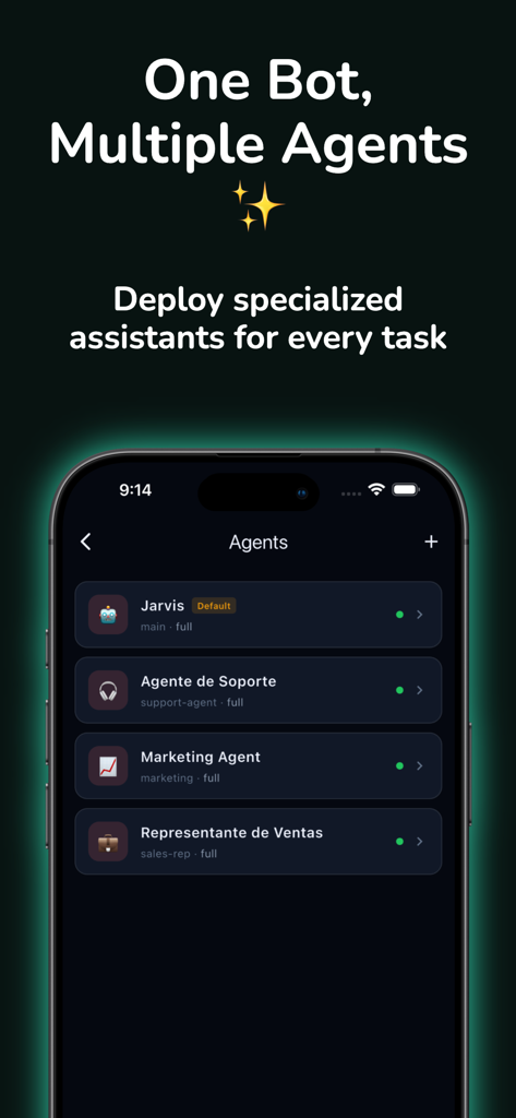 GoClaw - OpenClaw App - Screenshot che mostra l'interfaccia dell'app GoClaw con un elenco di agenti AI specializzati come Agente di Marketing e Rappresentante di Vendita