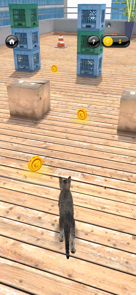 My Kitten (Cat Simulator) - A tabby kitten collecting gold coins on a wooden rooftop deck in a mini game