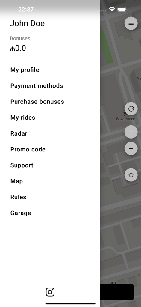 BeFree - Carsharing in Baku - Side menu of the BeFree carsharing app displaying options like Profile, Payment methods, and My rides over a map background.