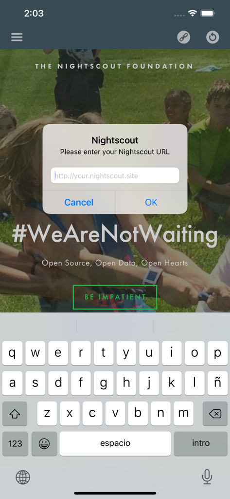 Setup screen of Nightscout X app showing a popup prompt to enter a Nightscout URL over a WeAreNotWaiting background