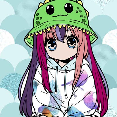 girl with anime shaped eyes with a dinosaur bucket hat oversized sweatshirt long straight hair