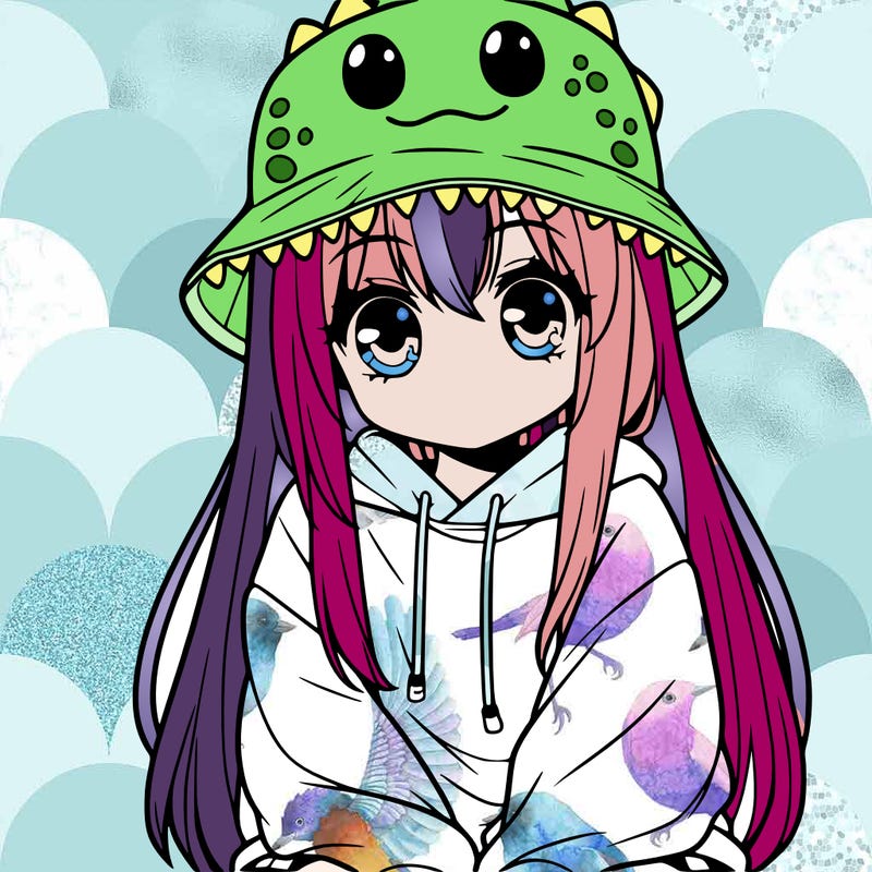 girl with anime shaped eyes with a dinosaur bucket hat oversized sweatshirt long straight hair