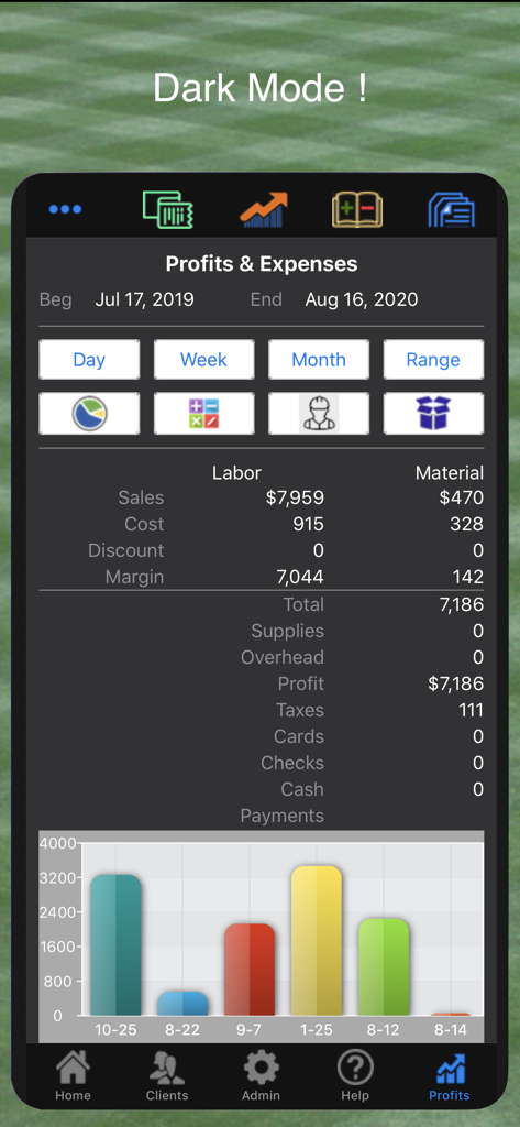 Financial dashboard of the LawnCare Pro app showing a profits and expenses report with a bar chart in dark mode.
