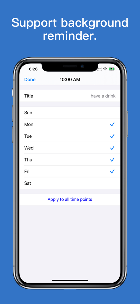 Hourly Chime - hourly reminder - Interface of Hourly Chime app showing a 10 AM weekday reminder with the title have a drink.