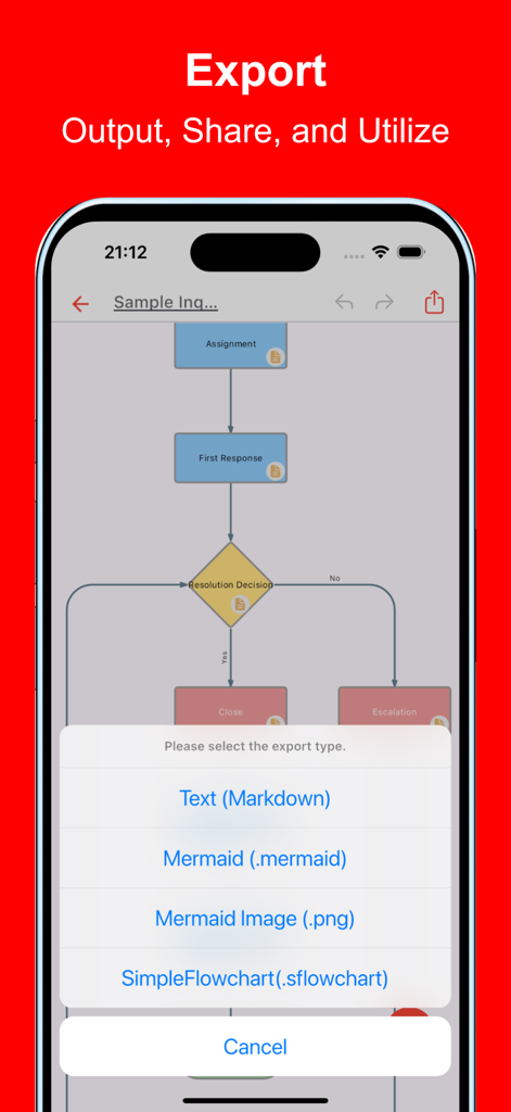 Simple Flowchart - Menú de exportación en la aplicación Simple Flowchart que muestra opciones de formato Markdown Mermaid y PNG