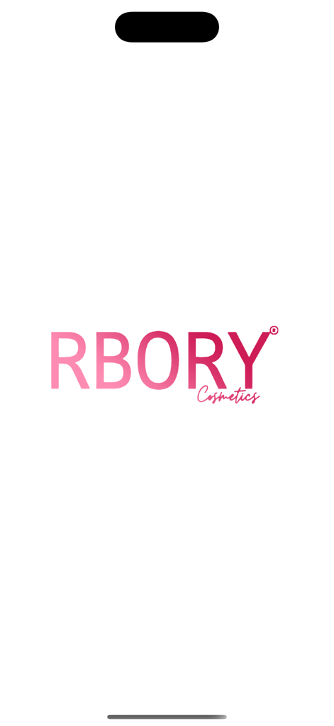 Rbory Cosmetics - La pantalla de presentación de la aplicación Rbory Cosmetics mostrando su logo rosa sobre un fondo blanco limpio.