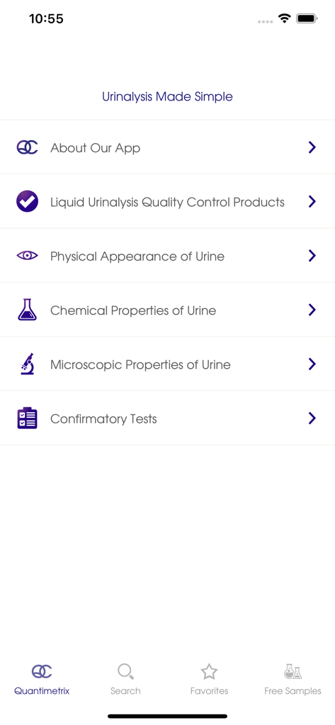 Urinalysis Made Simple™ - Main menu screen of the Urinalysis Made Simple app showing clinical laboratory categories