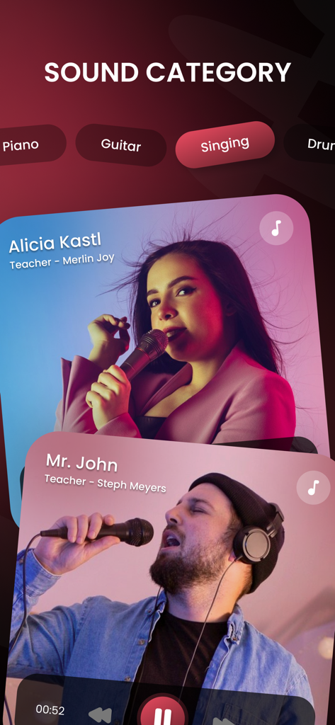 Song Vocal Remover - Music Ext - Interfaccia dell'app che mostra categorie sonore per pianoforte, chitarra e canto con schede di artisti in primo piano