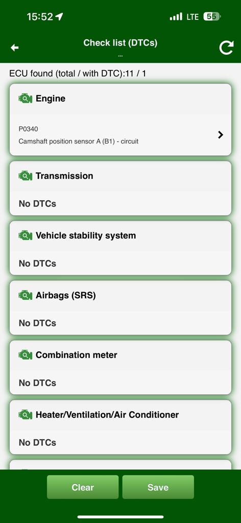 MotorData OBD ELM car scanner - MotorData OBD app displaying diagnostic trouble codes for engine and vehicle systems