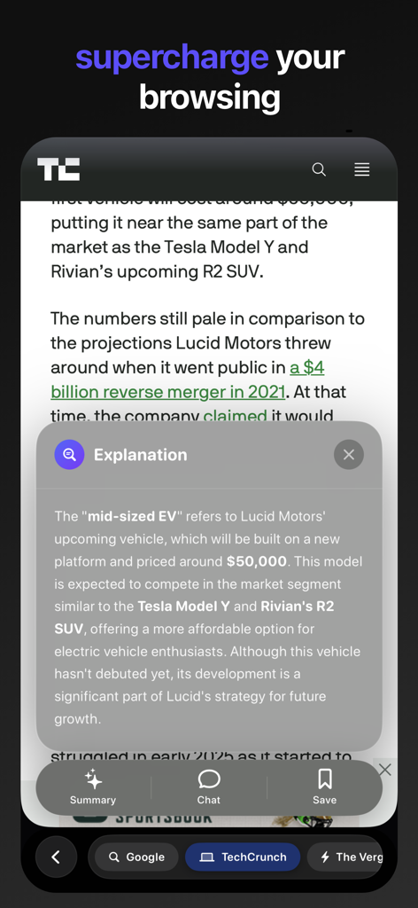 NEO Browser - NEO Browser interface showing an AI generated explanation of a news article