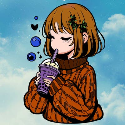 manga girl drinking boba in cozy sweater