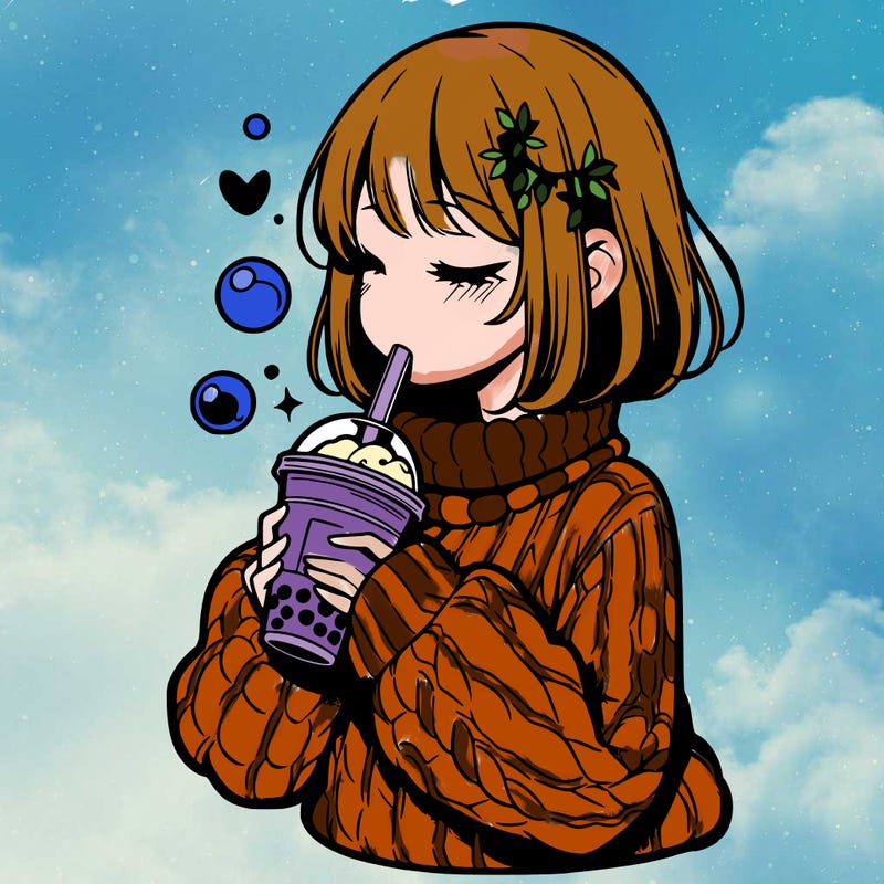 manga girl drinking boba in cozy sweater