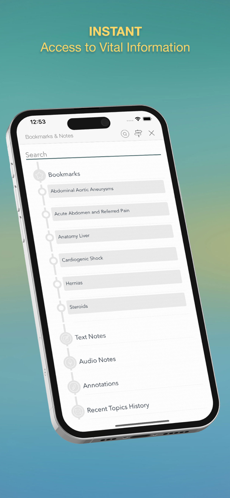 Surgical Recall - iPhone上でブックマークされた医療トピックとユーザーノートを表示するSurgical Recallアプリのインターフェース