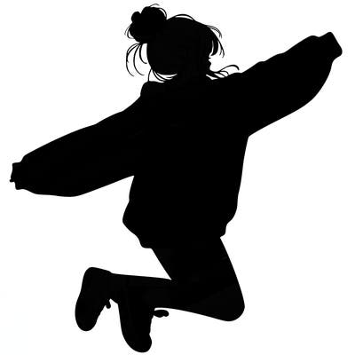 realistic girl jumping with a bun and oversized sweatshirt