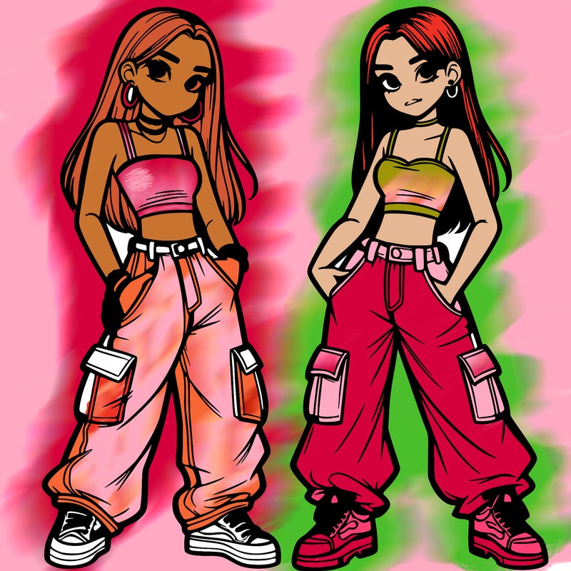 2 teen girls wearing baggy cargo jeans and crop tops