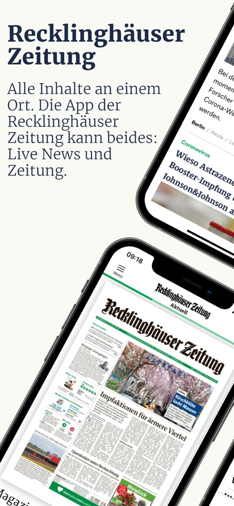 Recklinghäuser Zeitung - Recklinghauser Zeitung App-Oberfläche mit Live-Nachrichtenfeed und digitalem ePaper auf zwei Smartphones