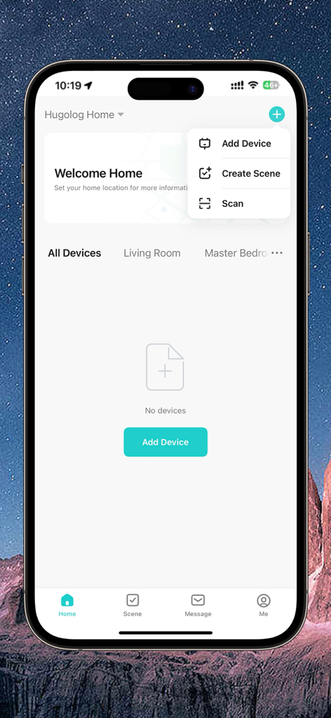 Hugolog Connect Smart Home App Dashboard mit Optionen zum Hinzufügen von Geräten