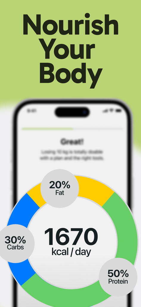 Food Calorie Tracker: Holli AI - Holli AI app interface showing a daily calorie goal of 1670 kcal with protein, carbs, and fat macro breakdown