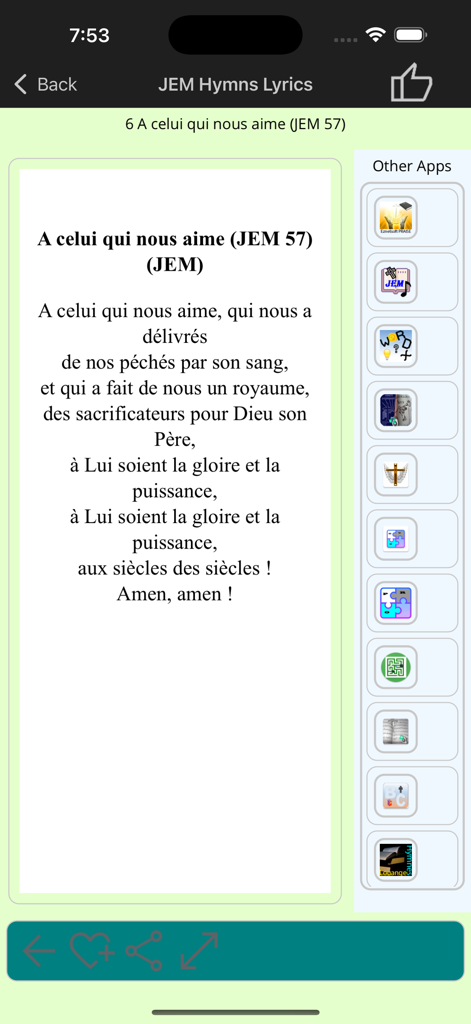 Screen showing French worship song lyrics for A celui qui nous aime from the JEM hymn book