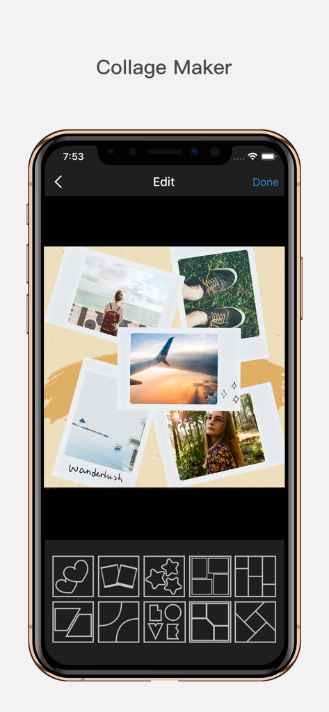 InFrame - Photo editor collage - Mobile app interface of InFrame showing a collage maker with polaroid style photos and various grid layout options.