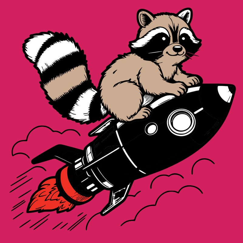realistic raccoon flying on top rocket ship
