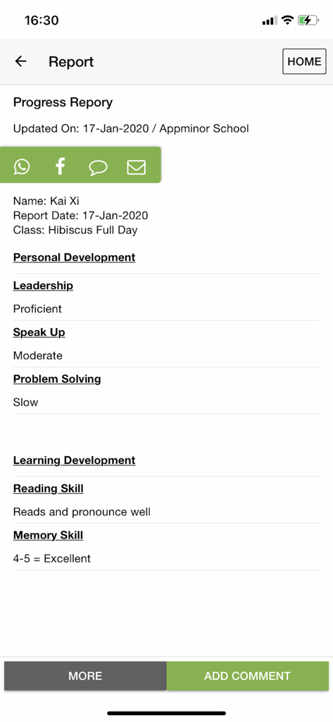 School2me - Mobile app screen showing a student's progress report with personal and learning development evaluations.