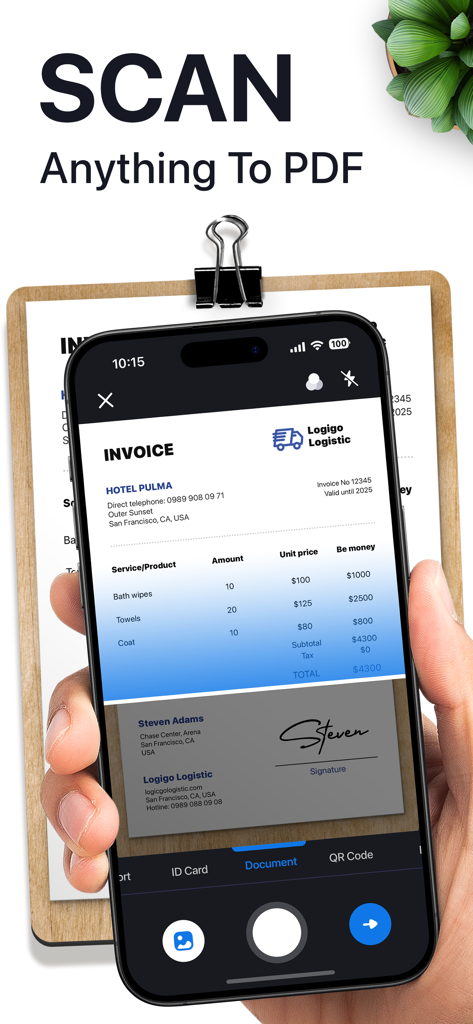 Easy Scanアプリを使用して紙の請求書をPDFドキュメントにデジタル化しているスマートフォンを持つ手