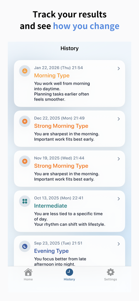 Body Clock: Chronotype Test - The history screen of the app showing a list of past chronotype test results and personalized body clock advice