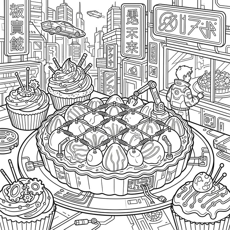Unleash your imagination with this unique Cyberpunk Fruit Tarts coloring page, blending delicious desserts with a high-tech, futuristic world. Perfect for adult colorists seeking a challenging and creatively stimulating experience.