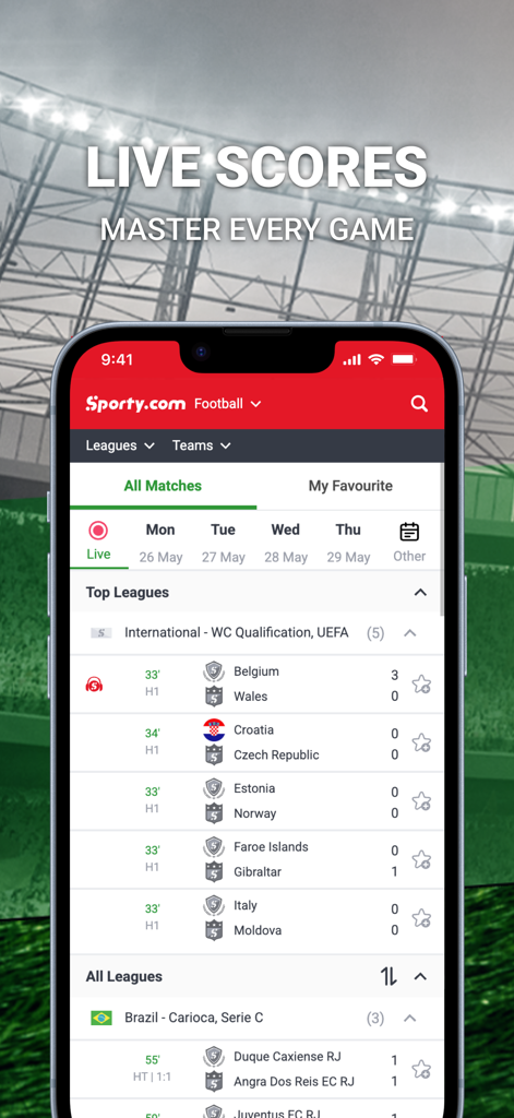 Sporty.com - Sporty.com mobile app screen showing live football scores and match results