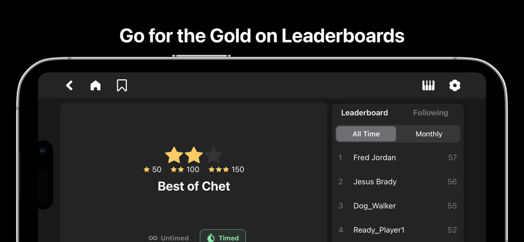 Chet app leaderboard displaying competitive rankings for ear training
