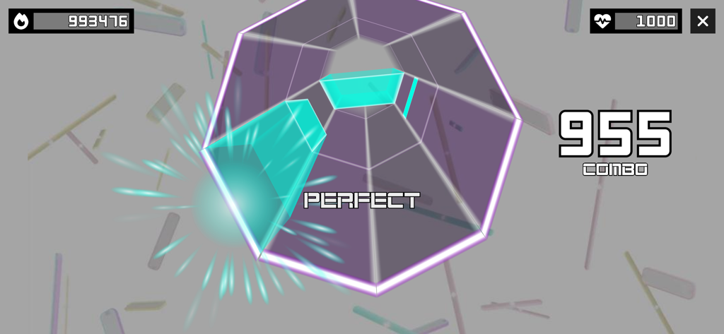 Une capture d'écran du gameplay de Sonolus montrant une réussite parfaite sur une note musicale dans une piste de type tunnel avec un compteur de combo élevé.