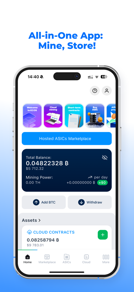 ECOS Bitcoin mining and wallet app dashboard on a mobile screen