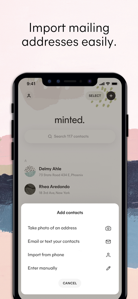 Minted: The Address Book - A mobile app interface for Minted showing options to add contacts by taking a photo of an address, emailing, or importing from a phone.