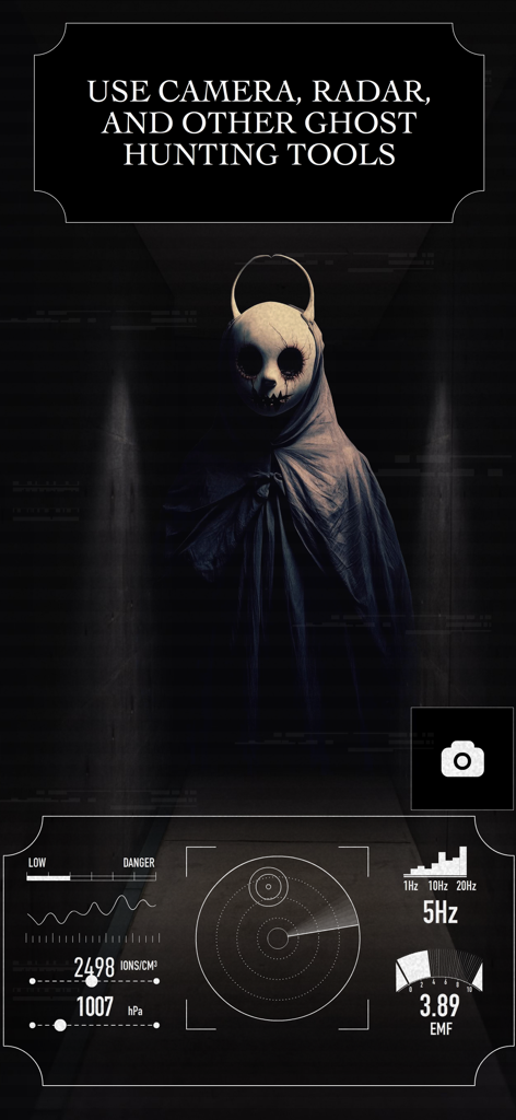 Ghost Detector Real Hunting - Interfaccia dell'app Ghost Detector Real Hunting che mostra radar, misuratore EMF e uno spirito inquietante mascherato in un corridoio buio.