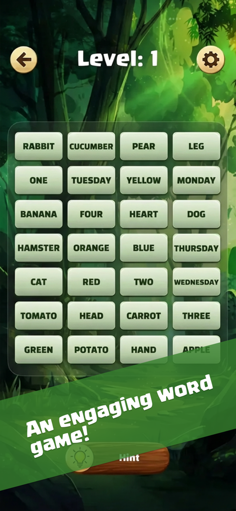 A word grid puzzle game screen with a jungle background showing Level 1