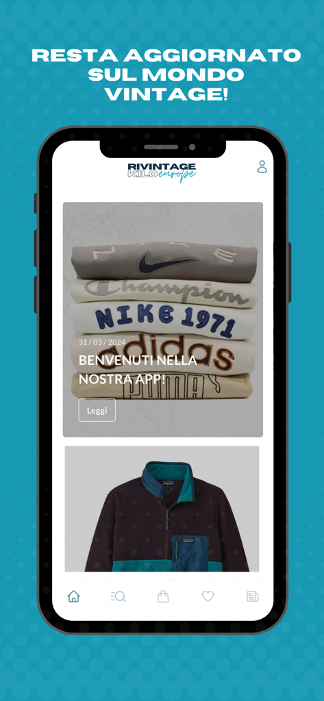 Rivintagekilo - Rivintagekilo mobile app screen showing vintage clothing news and branded streetwear items