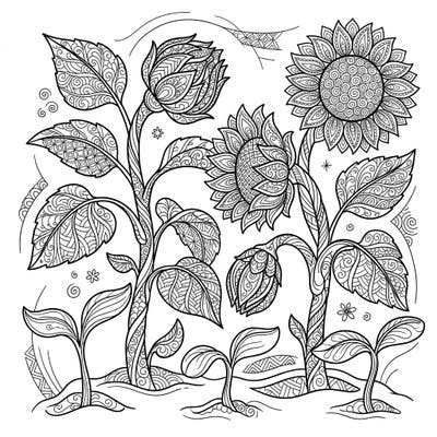 Unwind with this captivating Zentangle coloring page showcasing young sunflowers in various stages of growth. Each plant is adorned with a rich tapestry of abstract patterns, inviting you to a serene creative experience.