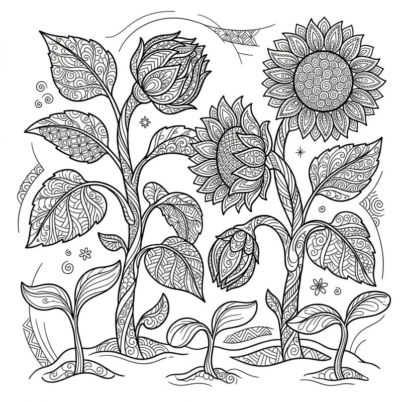 Unwind with this captivating Zentangle coloring page showcasing young sunflowers in various stages of growth. Each plant is adorned with a rich tapestry of abstract patterns, inviting you to a serene creative experience.