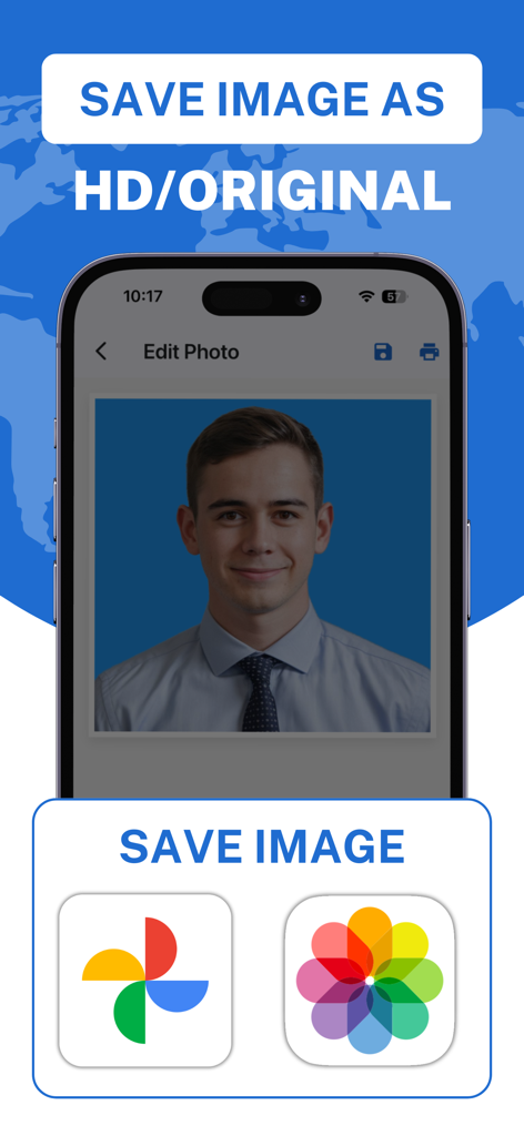 Passport Photo ID Visa Maker - Interface montrant les options pour enregistrer des photos de passeport et de carte d'identité en haute définition sur le stockage mobile et les services cloud.