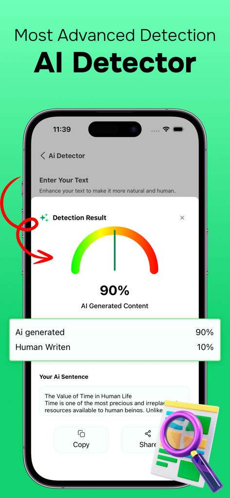 AI detector interface showing a ninety percent AI generated content score