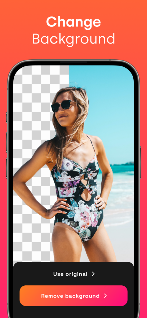 背景が削除されている写真の分割ビューを示すBackground Eraser AIアプリのインターフェース