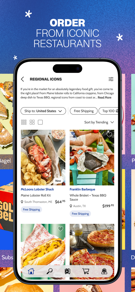 Goldbelly: Ship Food & Gifts - Goldbelly mobile app showing regional food specialties from iconic US restaurants like McLoons Lobster Shack and Franklin Barbeque.