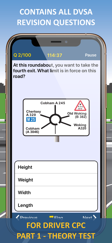 2026 HGV & LGV Theory Test Kit - A screenshot of the HGV theory test app displaying a DVSA revision question about road sign height limits at a roundabout.