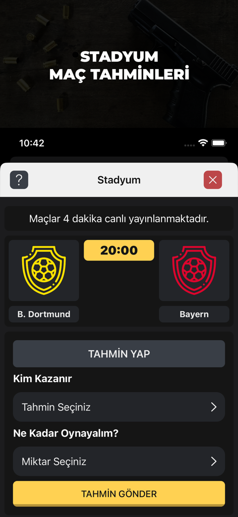 MAFYA - Günahkarlar! - Uma captura de tela do recurso de previsão de partida de estádio no jogo mobile MAFYA mostrando uma interface de apostas de futebol entre B. Dortmund e Bayern.