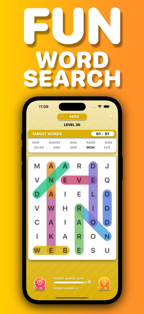 A mobile phone displaying a clean word search puzzle grid with colorful word highlights and a target word list.