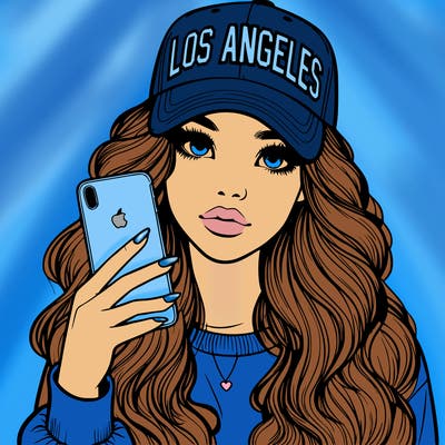 realistic beautiful girl wearing los ángeles cap holding an iphone